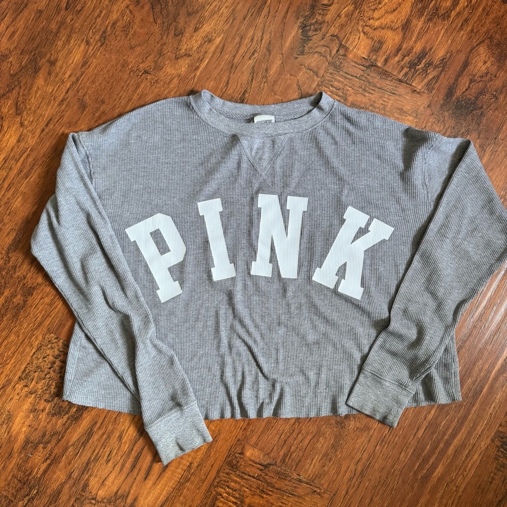Gray Victoria Secret Pink Cropped Waffle Thermal Long Sleeve Pull Over Sz XS